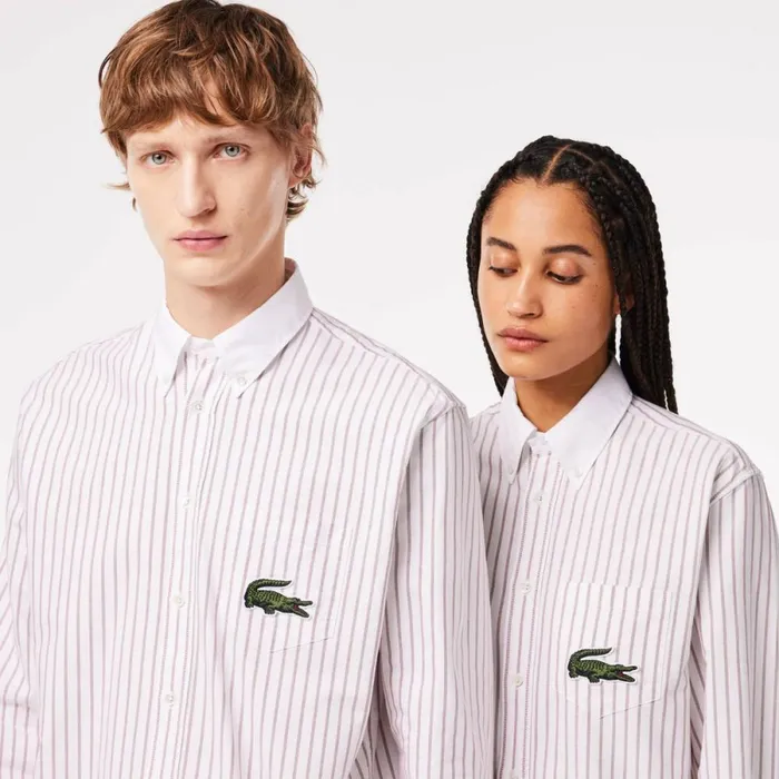 Button Down Shirts Men Lacoste Unisex Striped Contrast Collar Cotton Oxford Shirt Bordeaux White Iqt