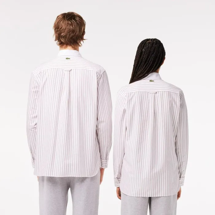 Button Down Shirts Men Lacoste Unisex Striped Contrast Collar Cotton Oxford Shirt Bordeaux White Iqt