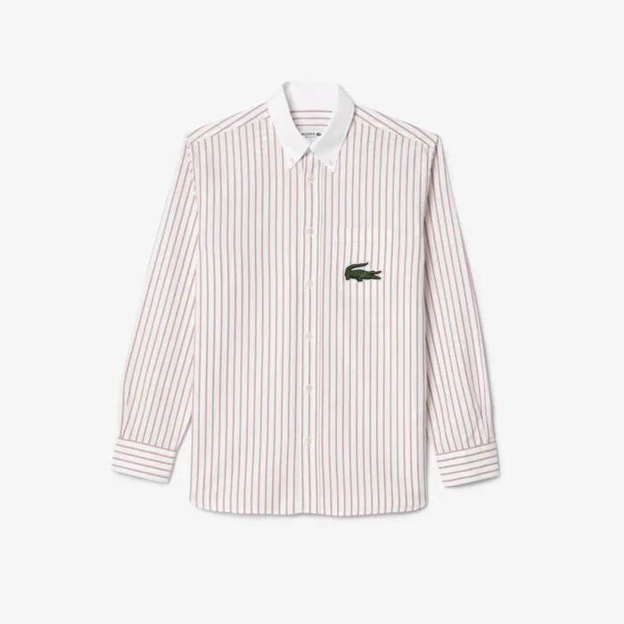 Button Down Shirts Men Lacoste Unisex Striped Contrast Collar Cotton Oxford Shirt Bordeaux White Iqt