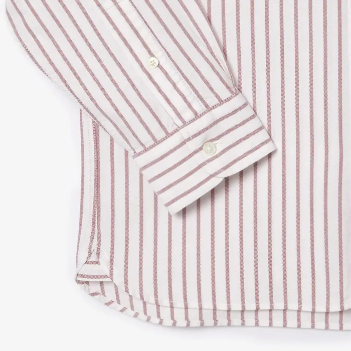 Button Down Shirts Men Lacoste Unisex Striped Contrast Collar Cotton Oxford Shirt Bordeaux White Iqt