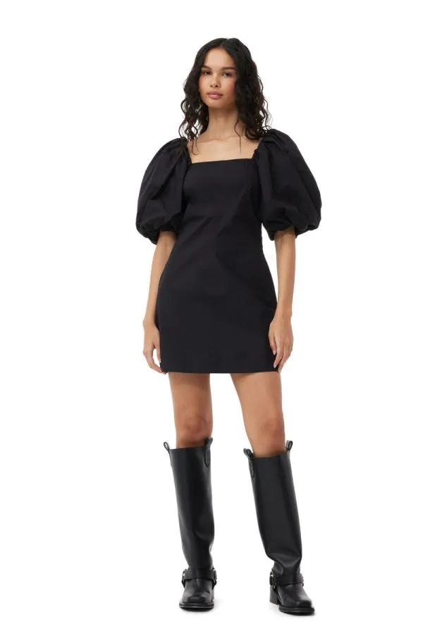 Clothing GANNI Dresses Black Cotton Poplin Puff Sleeve Mini Dress Black