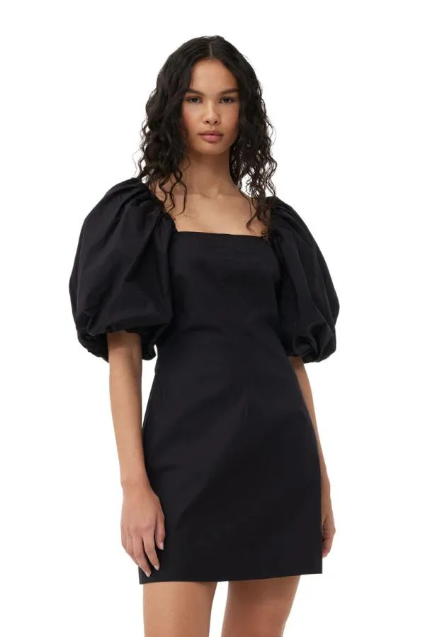 Clothing GANNI Dresses Black Cotton Poplin Puff Sleeve Mini Dress Black
