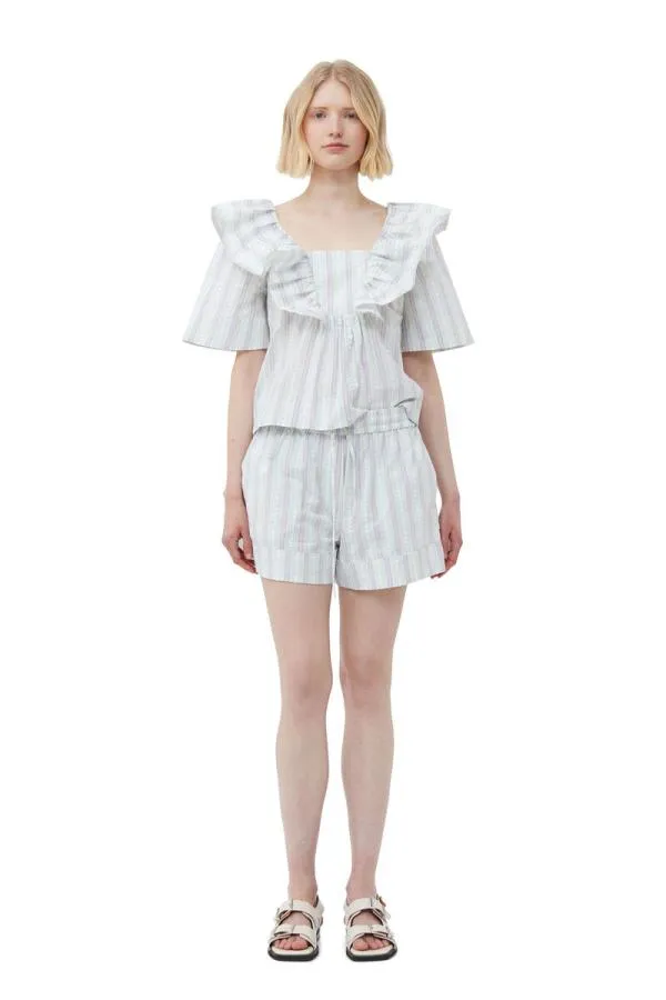 Clothing GANNI Tops Striped Seersucker Ruffle Blouse Mauve Chalk