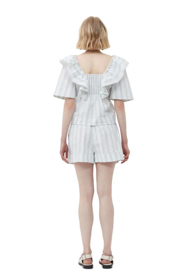 Clothing GANNI Tops Striped Seersucker Ruffle Blouse Mauve Chalk