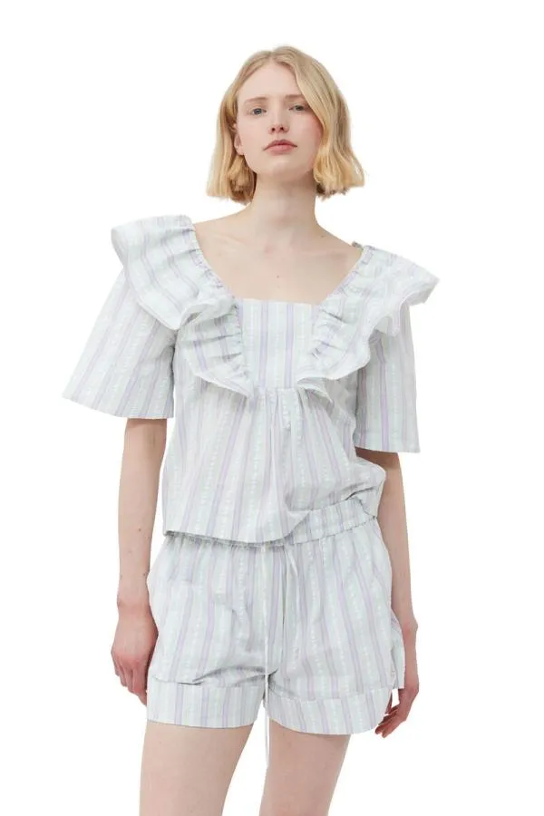 Clothing GANNI Tops Striped Seersucker Ruffle Blouse Mauve Chalk