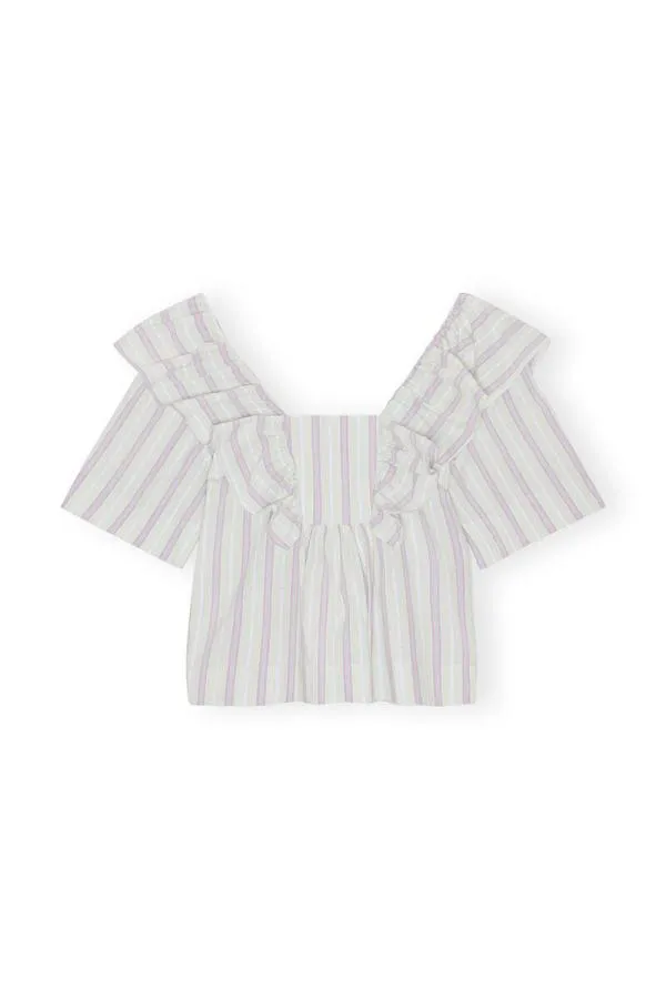 Clothing GANNI Tops Striped Seersucker Ruffle Blouse Mauve Chalk