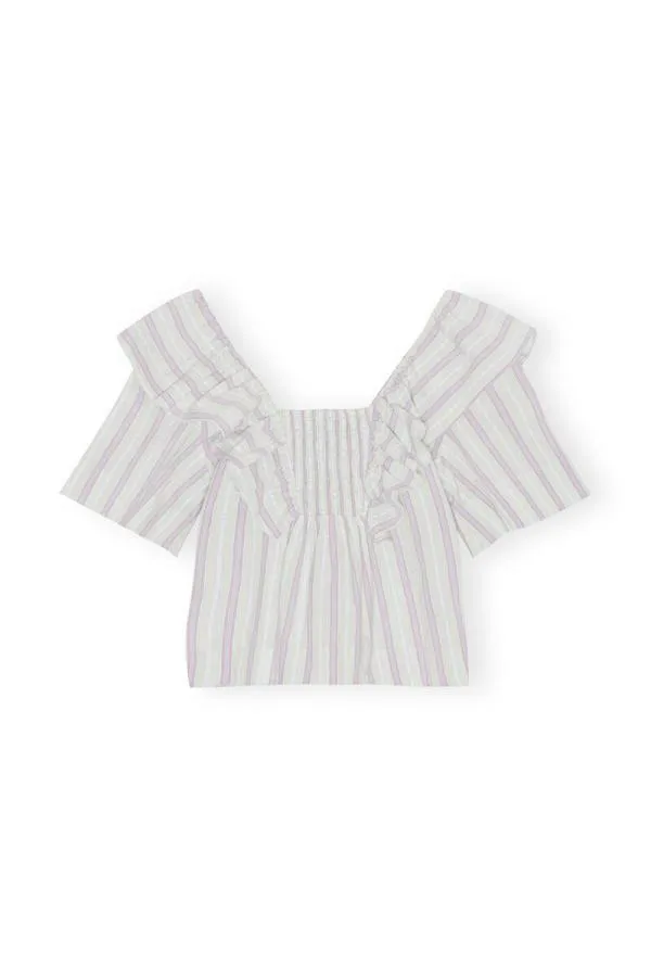 Clothing GANNI Tops Striped Seersucker Ruffle Blouse Mauve Chalk