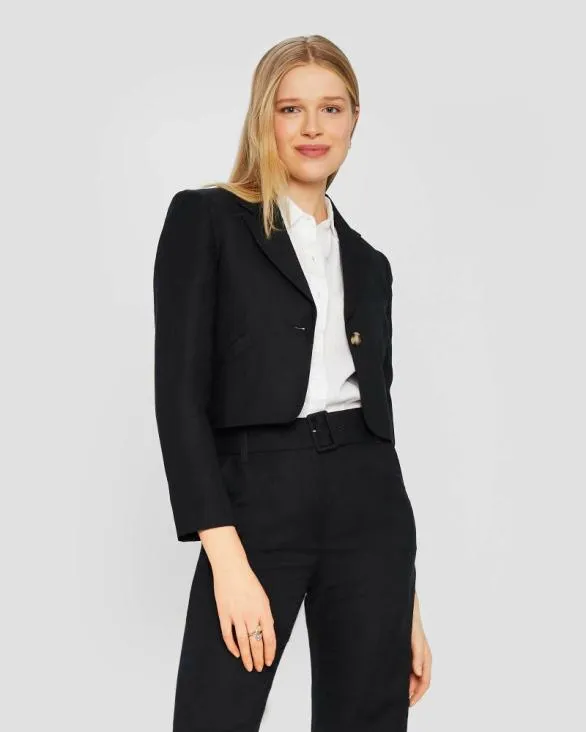 Club Monaco Blazers and Suiting Cropped Linen Blend Blazer Black 8211 Women