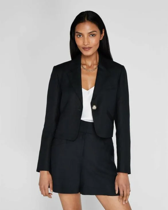Club Monaco Blazers and Suiting Cropped Linen Blend Blazer Black 8211 Women