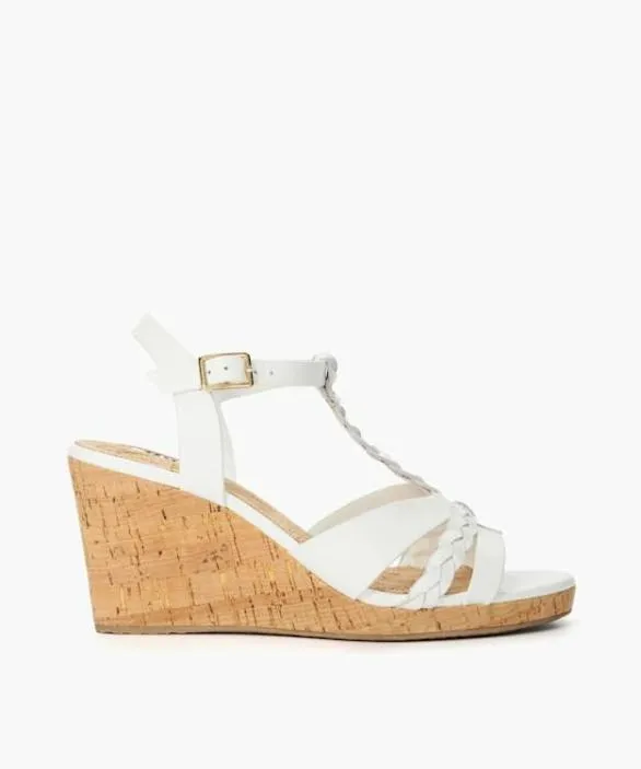 Dune London White Sandals Women Koali White Wide Fit Plaited Leather Cork Wedge Sandals White