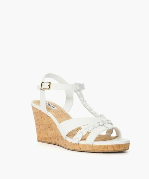 Dune London White Sandals Women Koali White Wide Fit Plaited Leather Cork Wedge Sandals White