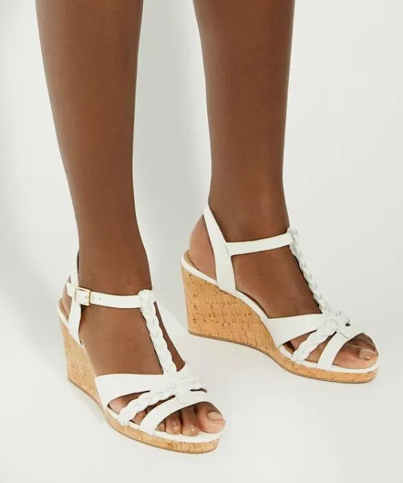 Dune London White Sandals Women Koali White Wide Fit Plaited Leather Cork Wedge Sandals White