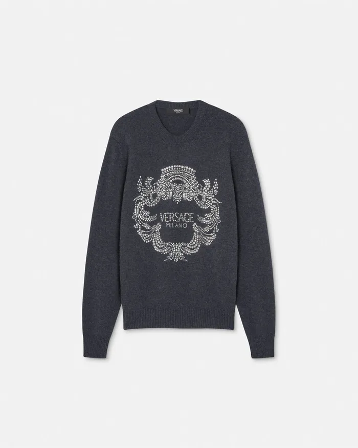 Knitwear Men Versace Crystal Iconic Crest Cashmere Knit Sweater Gray