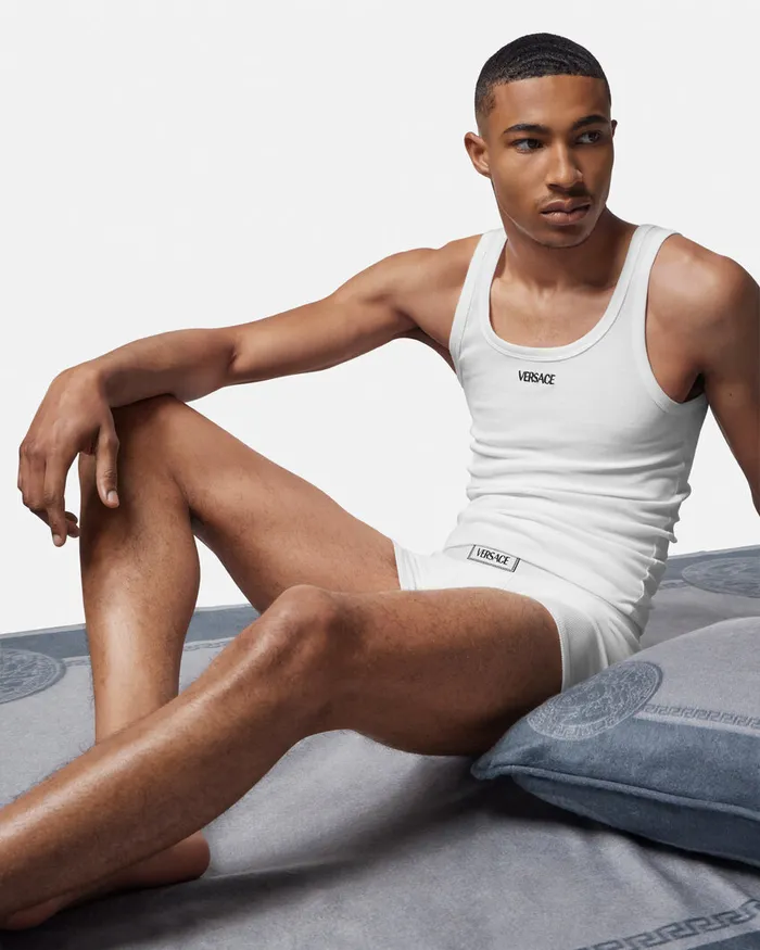 Loungewear and Pajamas Men Versace Logo Ribbed Tank Top White