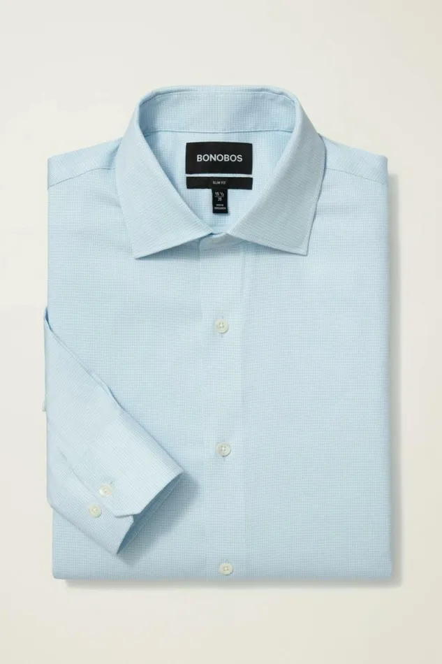 Men Jetsetter Stretch Dress Shirt Azure Blue Micro Houndstooth Bonobos Business Casual Shirts