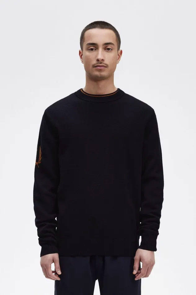 Men Laurel Wreath Crew Neck Jumper Navy Fred Perry Knitwear
