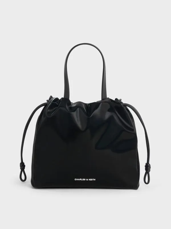 Women Mini Bethel Shiny Ruched Drawstring Tote Bag 8211 Jet Black CHARLES and KEITH Slouchy Bags