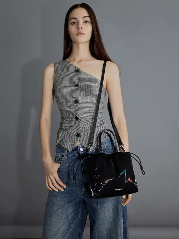 Women Mini Bethel Shiny Ruched Drawstring Tote Bag 8211 Jet Black CHARLES and KEITH Slouchy Bags