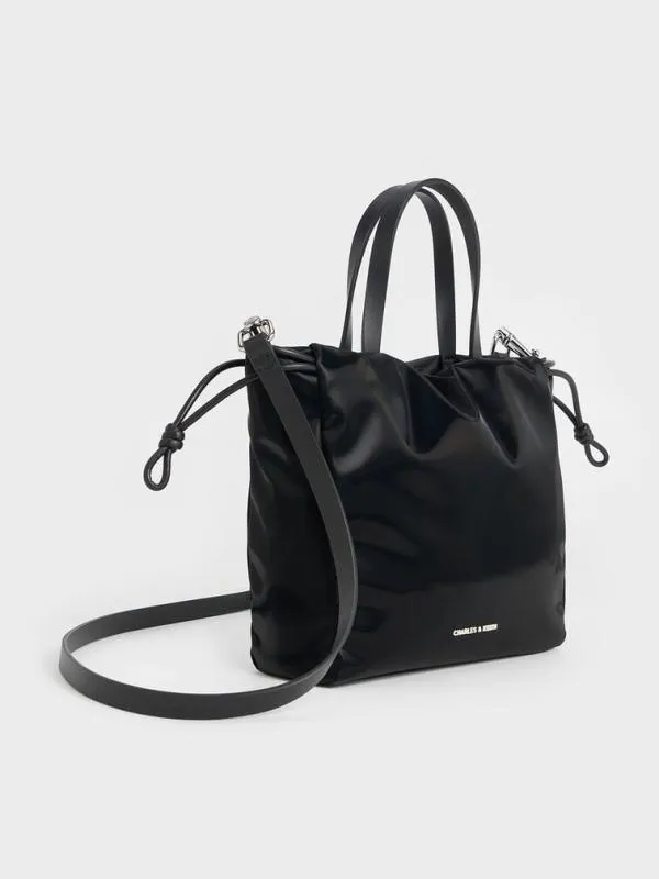 Women Mini Bethel Shiny Ruched Drawstring Tote Bag 8211 Jet Black CHARLES and KEITH Slouchy Bags