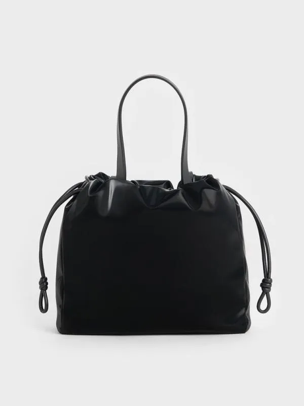Women Mini Bethel Shiny Ruched Drawstring Tote Bag 8211 Jet Black CHARLES and KEITH Slouchy Bags