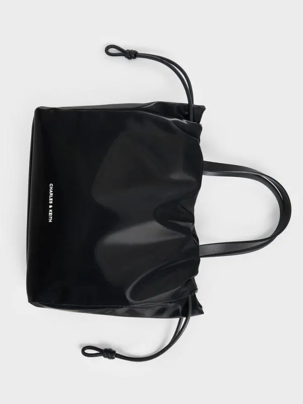 Women Mini Bethel Shiny Ruched Drawstring Tote Bag 8211 Jet Black CHARLES and KEITH Slouchy Bags