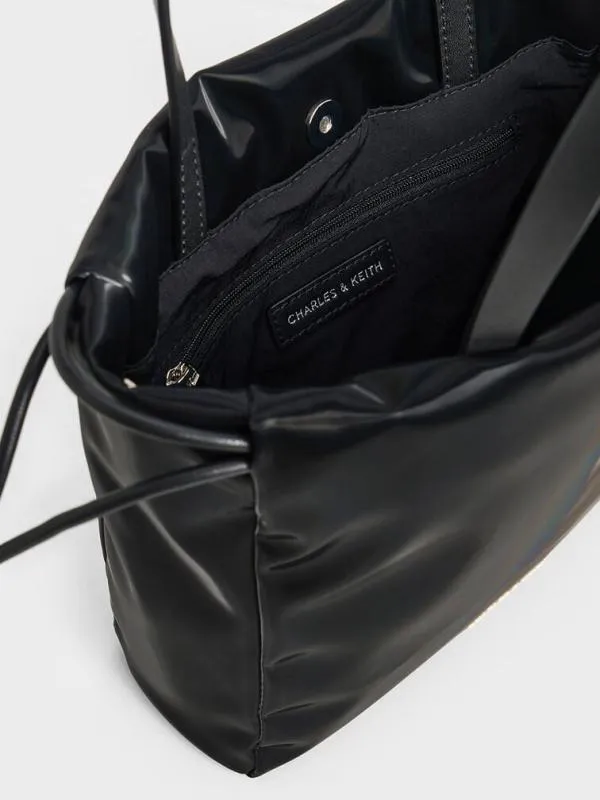 Women Mini Bethel Shiny Ruched Drawstring Tote Bag 8211 Jet Black CHARLES and KEITH Slouchy Bags