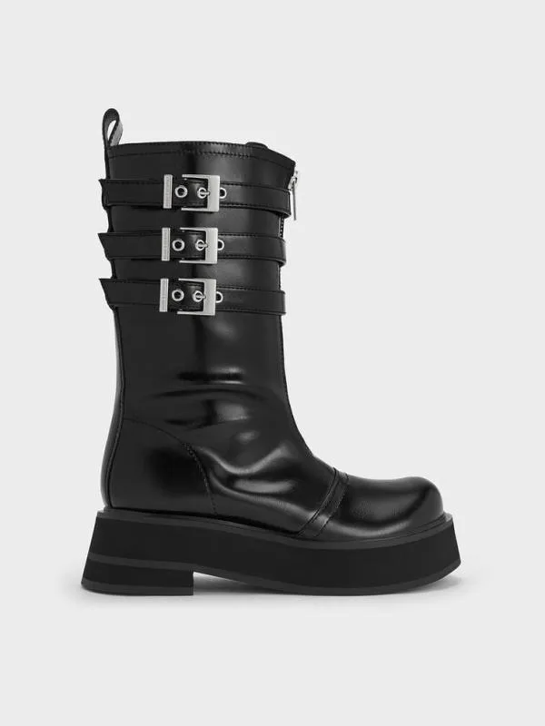 Women Nikki TripleBuckle Calf Boots 8211 Black CHARLES and KEITH Boots