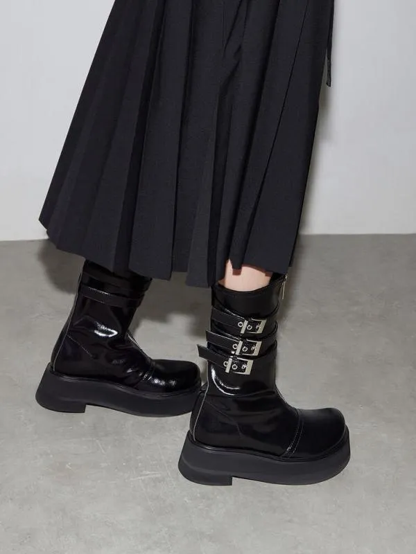 Women Nikki TripleBuckle Calf Boots 8211 Black CHARLES and KEITH Boots