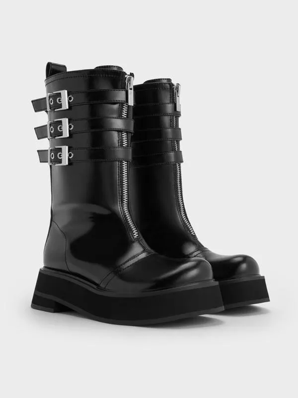 Women Nikki TripleBuckle Calf Boots 8211 Black CHARLES and KEITH Boots