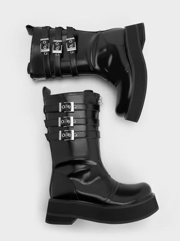 Women Nikki TripleBuckle Calf Boots 8211 Black CHARLES and KEITH Boots