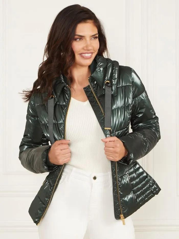 Annie Puffer Jacket Chenille Green Women Jackets and Coats GUESS