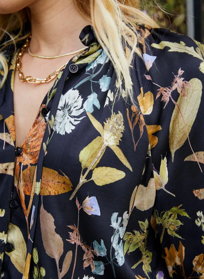Baukjen Jasmine Printed Tie Neck Satin Blouse Black Botanical Clothing