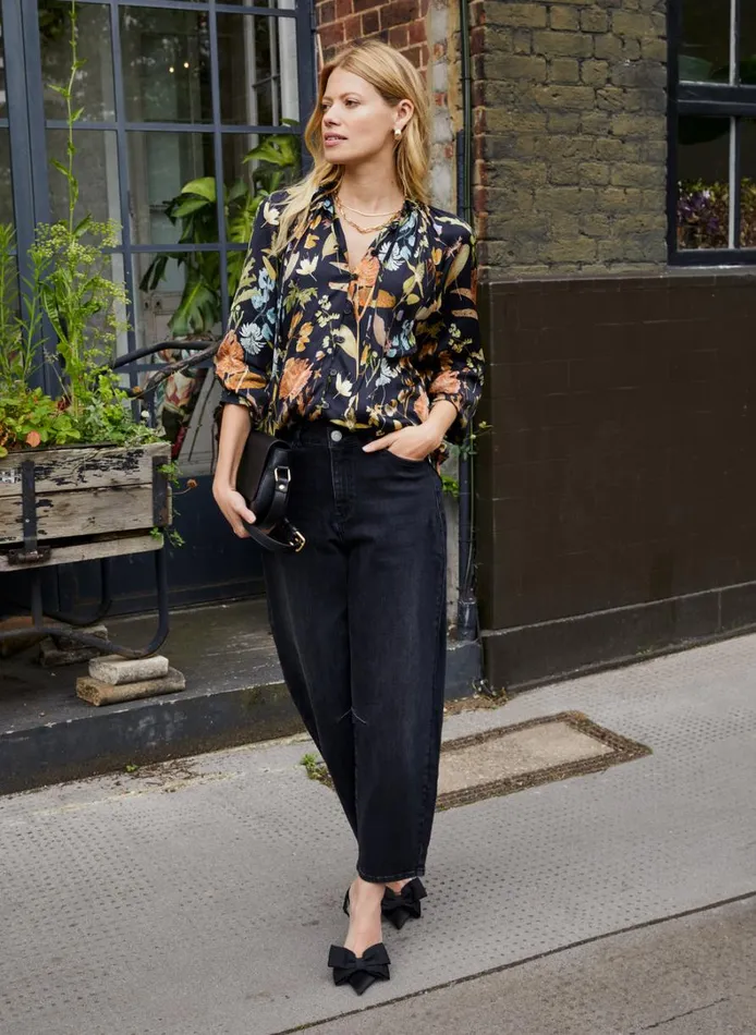 Baukjen Jasmine Printed Tie Neck Satin Blouse Black Botanical Clothing