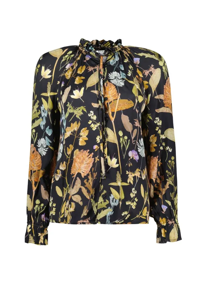 Baukjen Jasmine Printed Tie Neck Satin Blouse Black Botanical Clothing