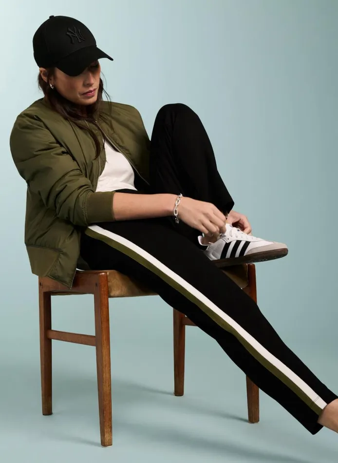 Baukjen Jay Side Stripe Tapered Trousers Caviar Black and Olive Clothing