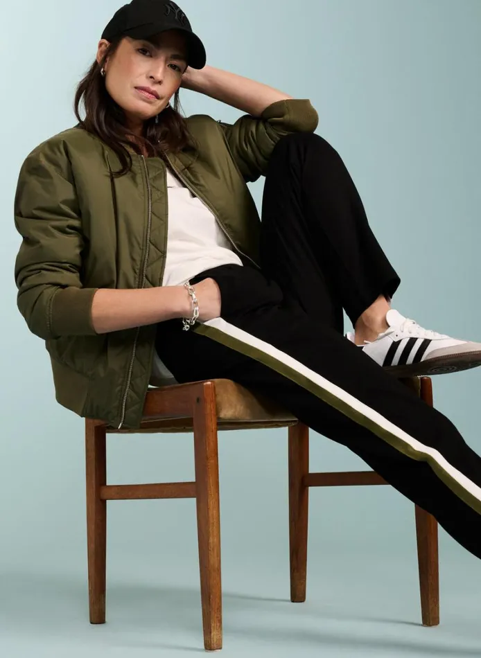 Baukjen Jay Side Stripe Tapered Trousers Caviar Black and Olive Clothing