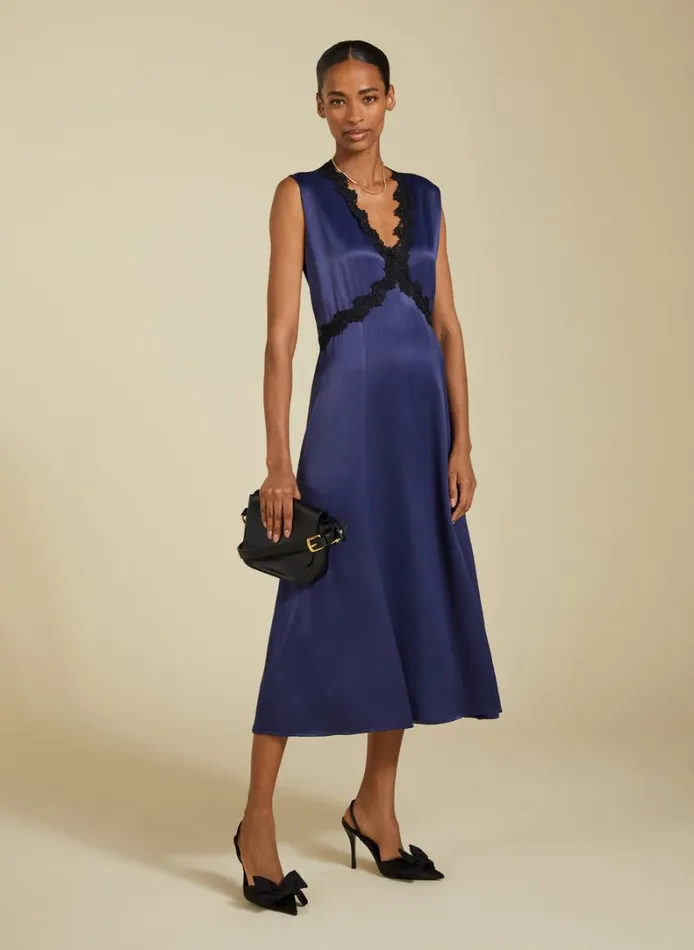 Baukjen Marcella Satin VNeck MidiDress Deep Indigo Clothing