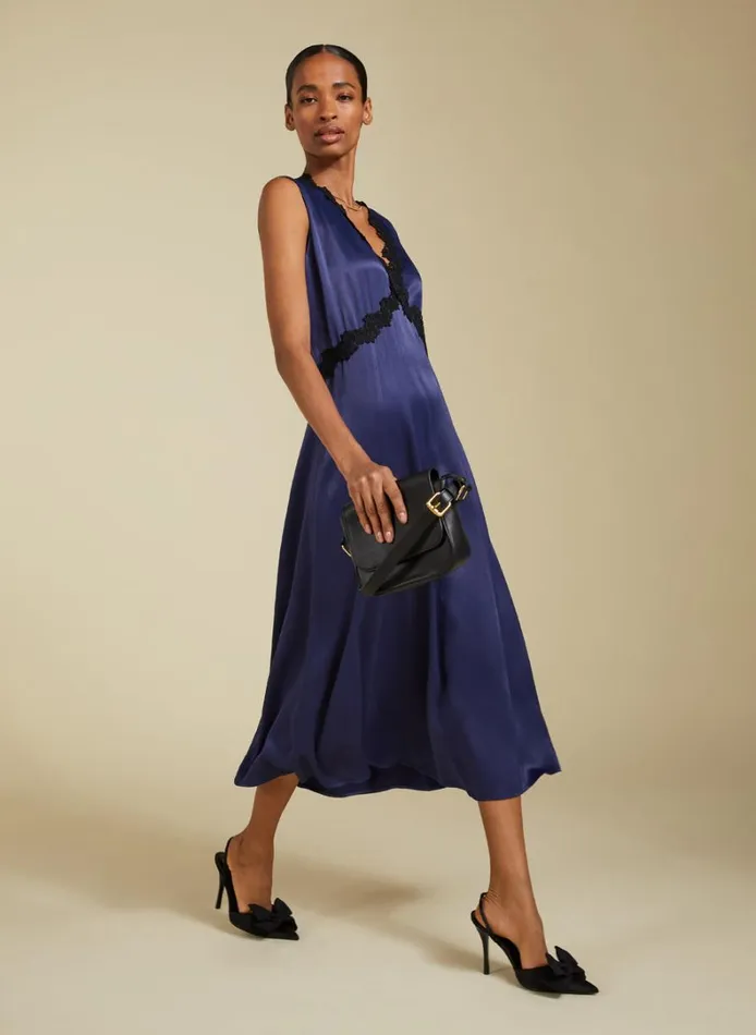 Baukjen Marcella Satin VNeck MidiDress Deep Indigo Clothing