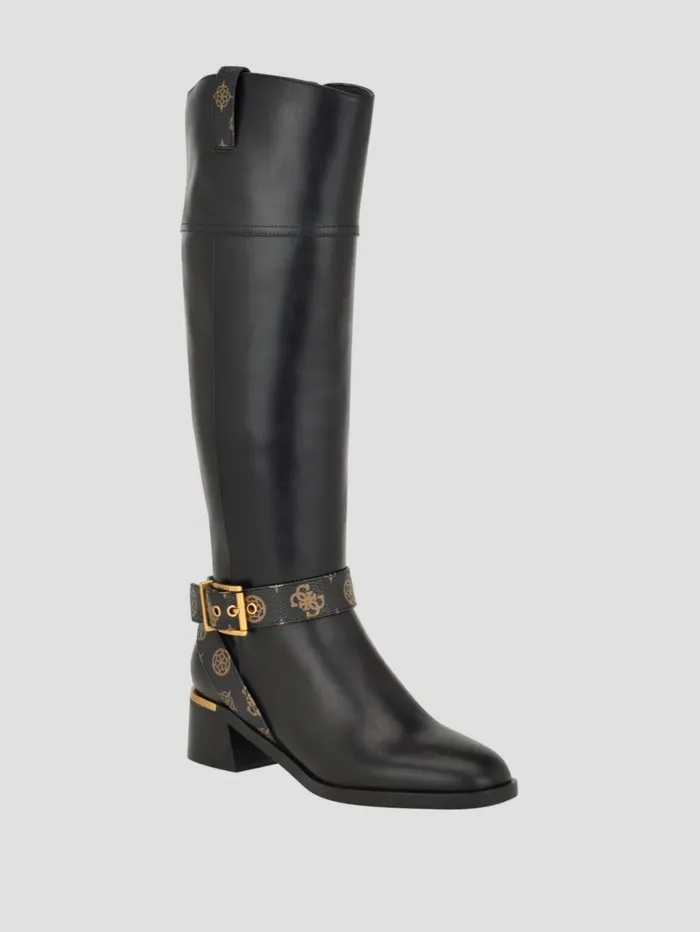 Boots and Booties Women GUESS Eveda Buckle Riding Boots Black Leather