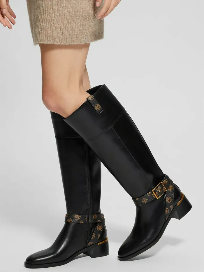 Boots and Booties Women GUESS Eveda Buckle Riding Boots Black Leather Boots and Booties Women GUESS Eveda Buckle Riding Boots Black Leather