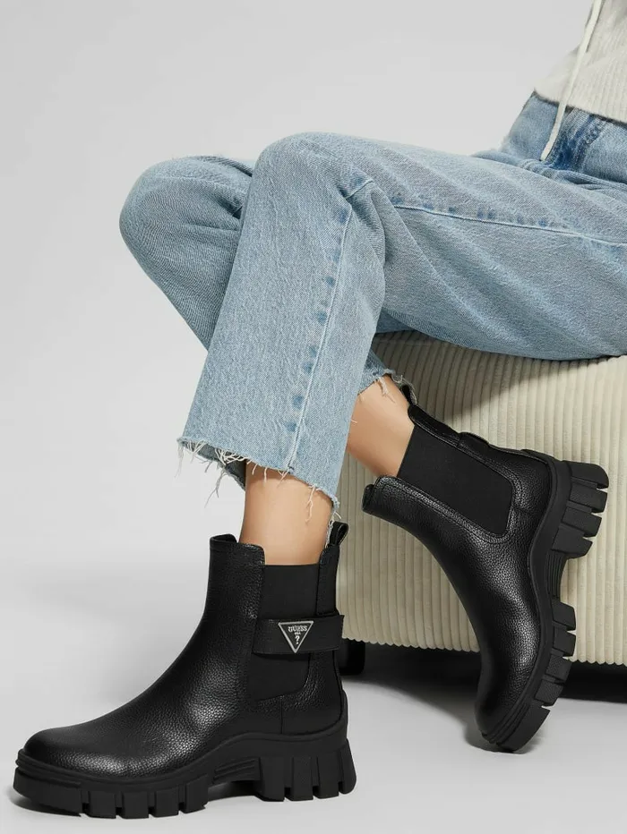 Boots and Booties Women Hensly Triangle Chelsea Bootie Black 002 GUESS