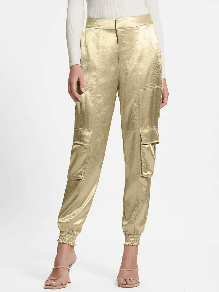Bottoms Women GUESS Eco Soundwave Satin Cargo Pants Cemento