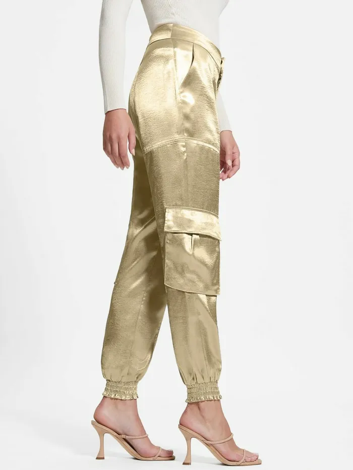 Bottoms Women GUESS Eco Soundwave Satin Cargo Pants Cemento Bottoms Women GUESS Eco Soundwave Satin Cargo Pants Cemento