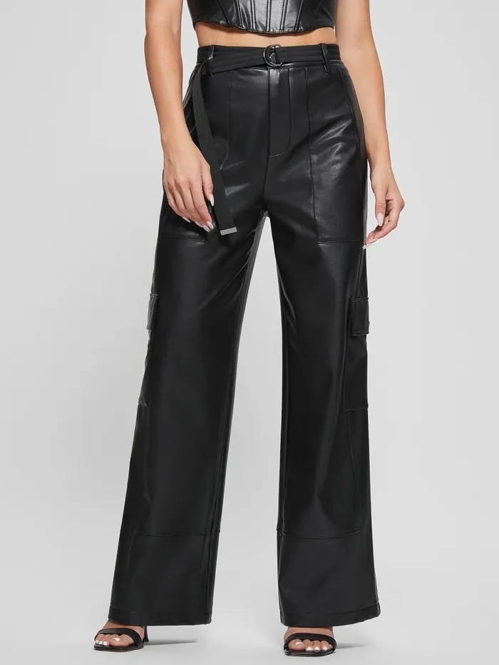 Bottoms Women GUESS Gwen FauxLeather Cargo Pants Jet Black Multi Bottoms Women GUESS Gwen FauxLeather Cargo Pants Jet Black Multi