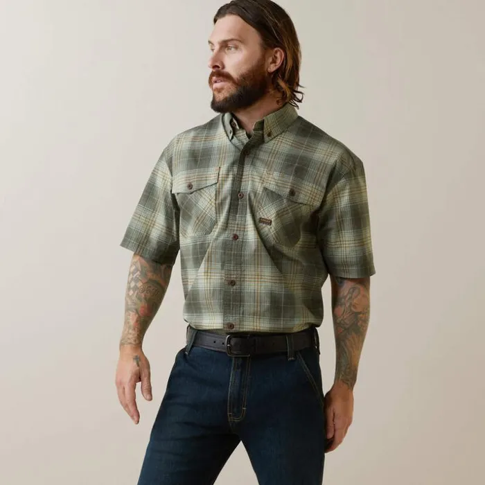 Button Down Shirts Men Ariat Rebar Made Tough DuraStretch Work Shirt Silt Green Plaid