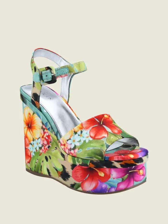 Carisa Floral and Leopard Platform Wedges Medium Natural Women Sandals GUESS