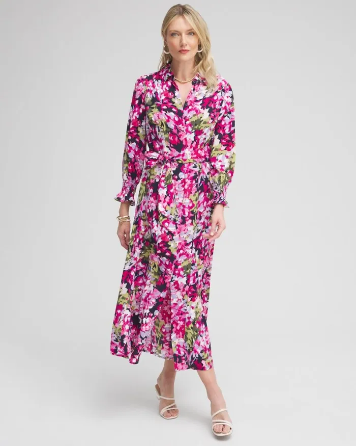 Chico039s Dresses Pink Floral Maxi Shirt Dress Multi 8211 Clothing