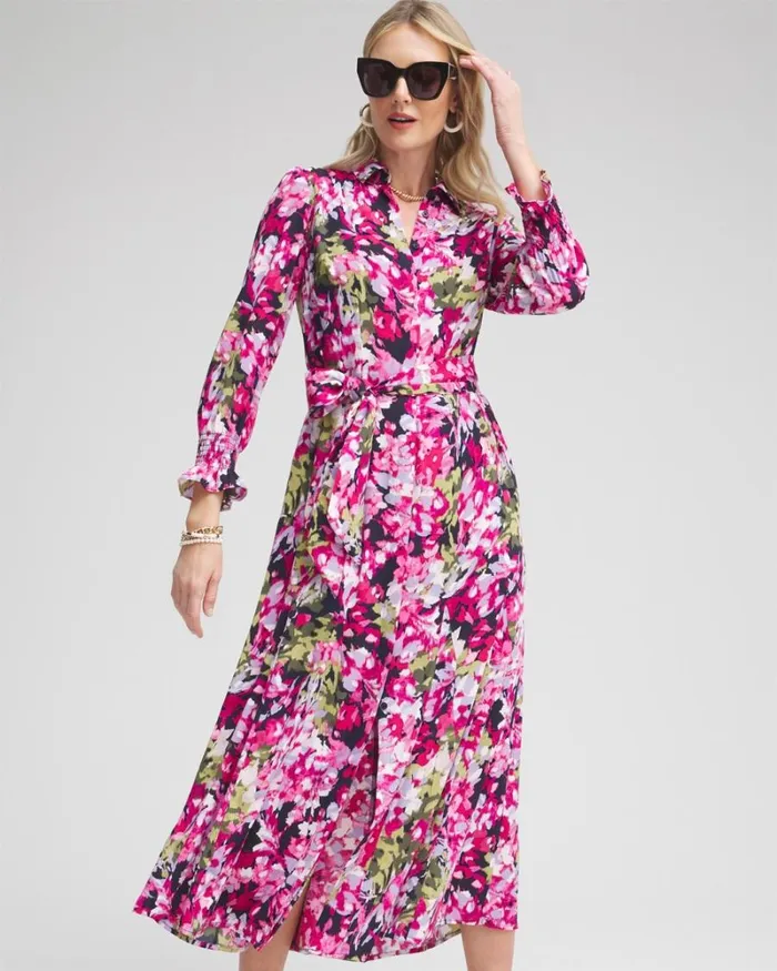 Chico039s Dresses Pink Floral Maxi Shirt Dress Multi 8211 Clothing