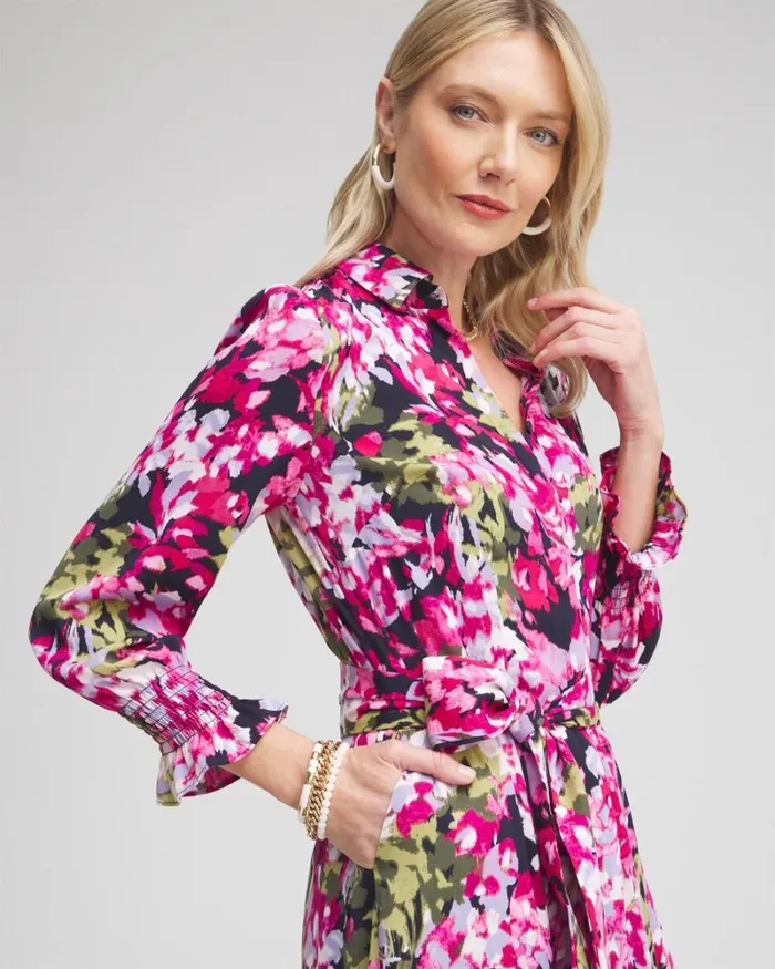 Chico039s Dresses Pink Floral Maxi Shirt Dress Multi 8211 Clothing