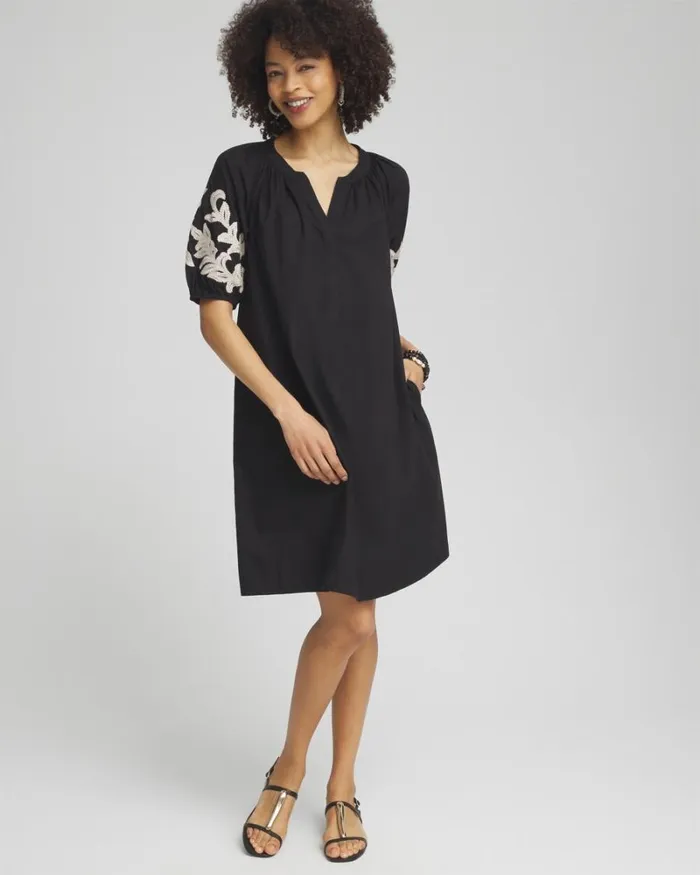 Chico039s Dresses Poplin Embroidered Midi Dress Black 8211 Clothing